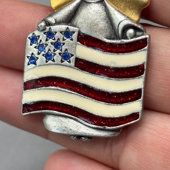 AJMC Brooch Pin Angel w/ American Flag Pewter Enamel Rhinestones Patriotic USA - Picture 3 of 5